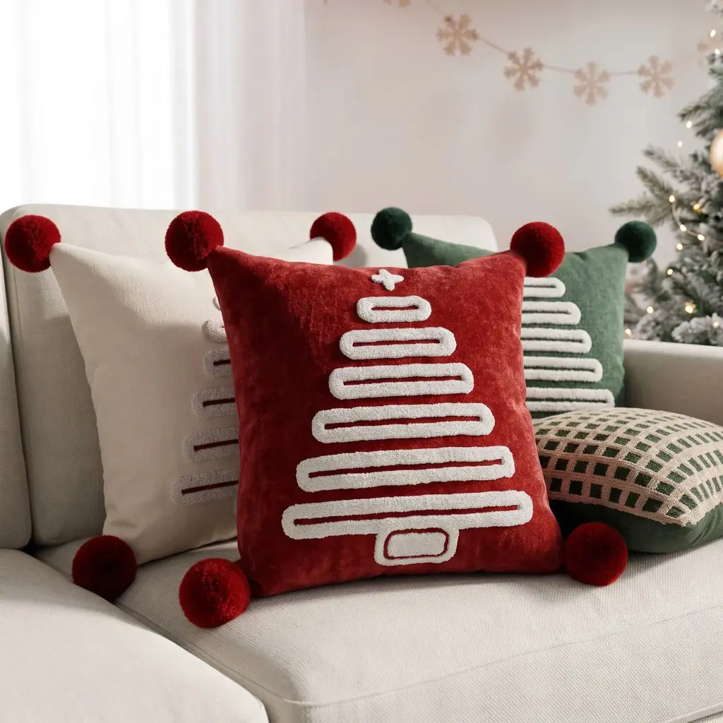 Embroidered Christmas Tree Pom Pom Pillow | 360 Brands